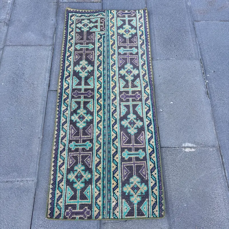 1.7x4.2 ft Vintage Rug, Turkish Small Rug, Blue Green Ikat Wool Rug - 1