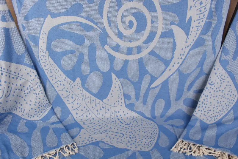Beach Towel Organic Cotton Petrol Blue Whale Design, 40x71 Inches