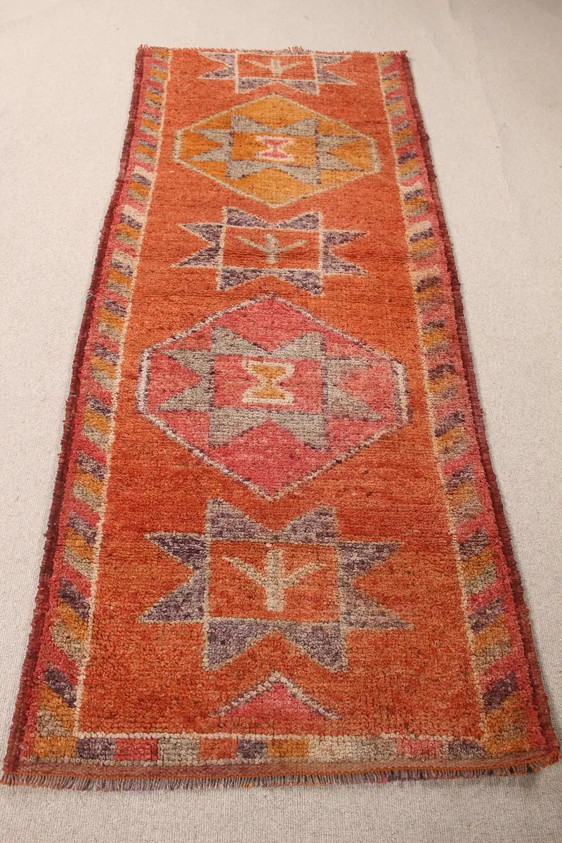 鮮やかなオレンジとピンクのラグ、3.2x7.5フィートのペルシャ柄