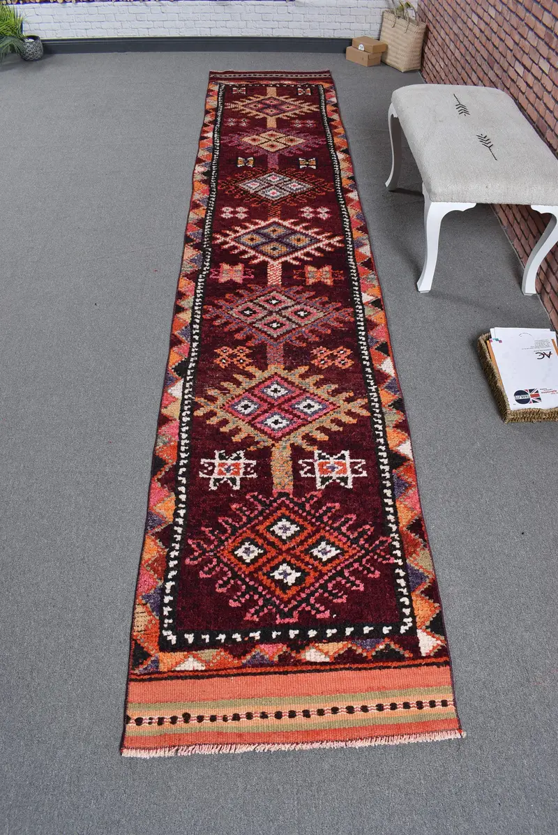 2.4x13.2 ft Vintage Rug, Turkish Runner Rug, Red Orange Patchwork Rug - 1