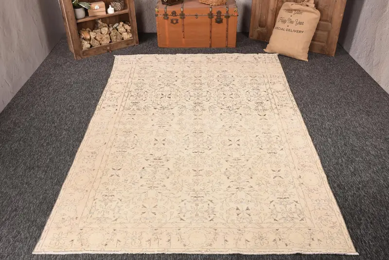 Türk Büyük Halı 6.3x10.1 ft (191x307 cm), Oushak Bej Çiçekli Vintage Halı - 1