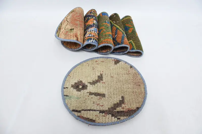 Bohemian Green & Beige Circle Placemats, Cotton & Wool Boho Decor