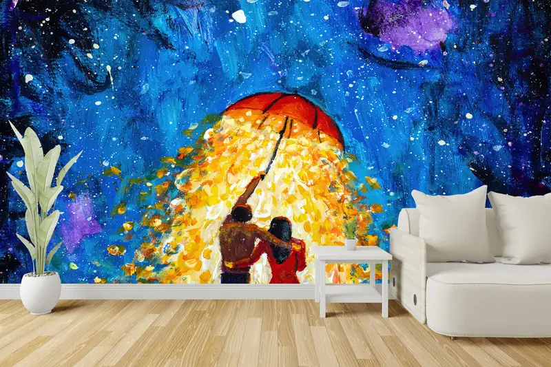Romantisches Paar Wandgemälde, romantische Tapete, rote Regenschirm Wandbild, Geschenk für Paar Tapete, Ölmalendruck, Liebhaber Wandmalerei, - 6