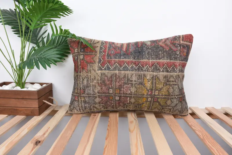 Bright Cushion, Antique Pillows, Tribal Cushion Case, 16x24 Blue Cushion, Gift Pillow, Pillow Case, Turkish Bench Pillow Sham, Kilim Cushion Sham - 1