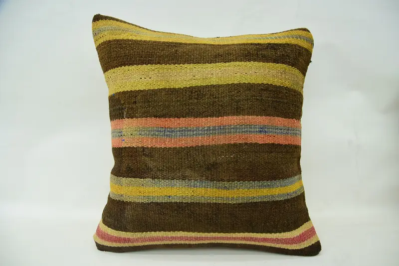 Ethnical Kilim Rug Pillow, 18x18 Brown Pillow, Kilim Cushion Sham, Pillow, Chair Cushion Cover, Cozy Throw Pillow Cover, Boho Pillow - 1
