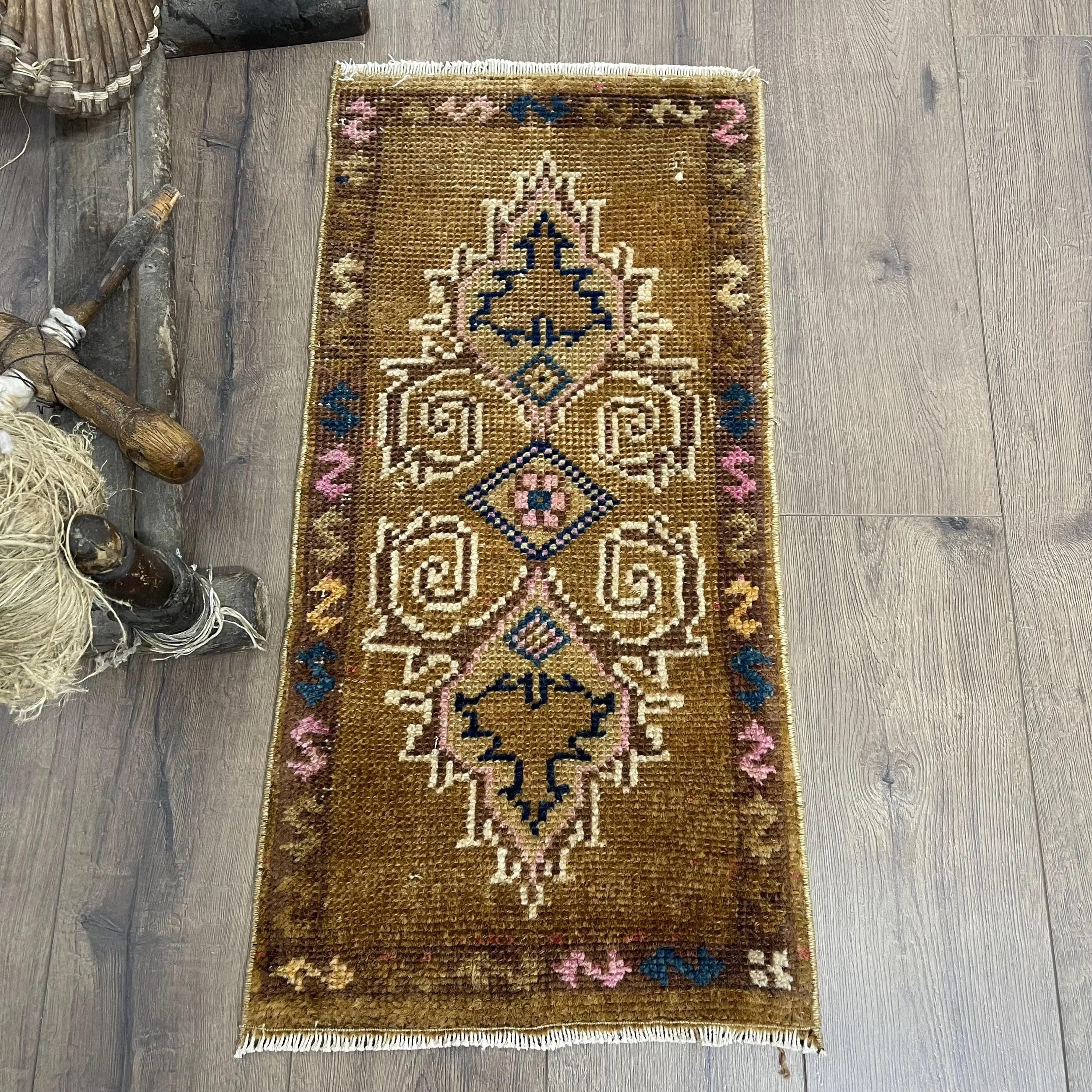 Turkish Small Rug 1.3x2.8 ft (41x86 cm), Brown Southwestern Vintage Rug - 1