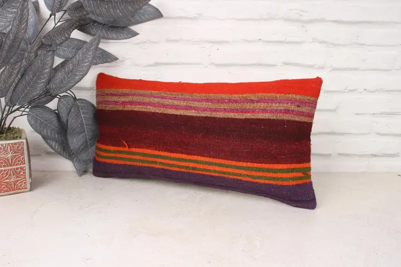 Pillow Cover, Ethnical Kilim Rug Pillow, Indoor Pillow Sham, Pillow for Sofa, 10x20 Orange Pillow Cover, Kilim Cushion Sham - 4