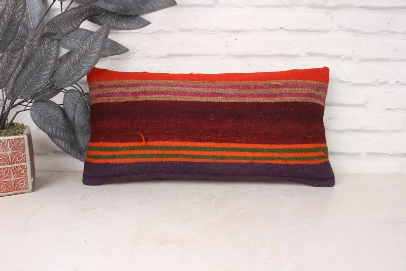 Pillow Cover, Ethnical Kilim Rug Pillow, Indoor Pillow Sham, Pillow for Sofa, 10x20 Orange Pillow Cover, Kilim Cushion Sham - 1