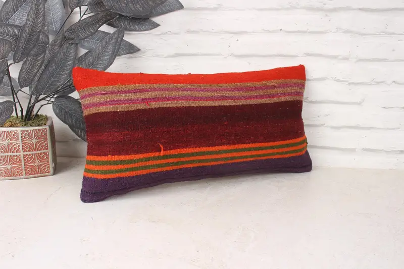 Pillow Cover, Ethnical Kilim Rug Pillow, Indoor Pillow Sham, Pillow for Sofa, 10x20 Orange Pillow Cover, Kilim Cushion Sham - 3