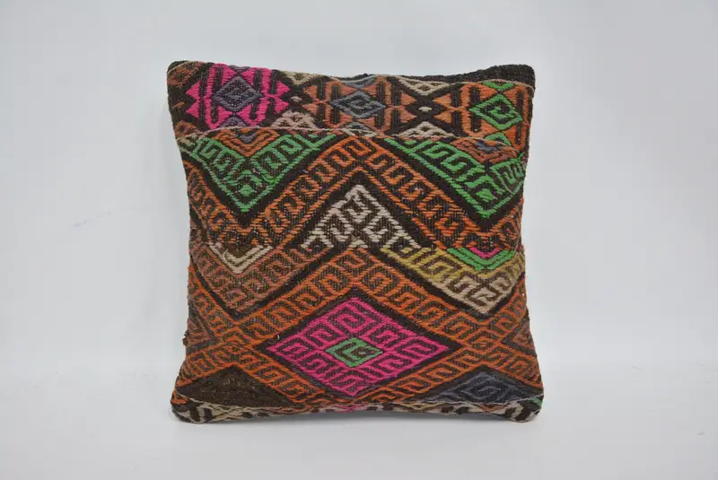 Handmade Kilim Cushion, Cushion Case, Vintage Kilim Throw Pillow, Pillow for Sofa, 14x14 Orange Cushion Case, Rustic Pillow Sham - 1