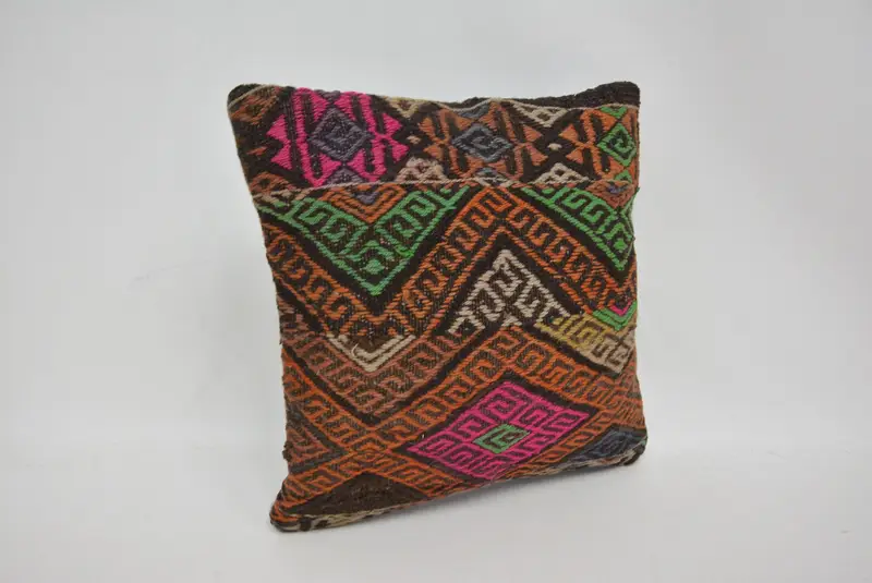 Handmade Kilim Cushion, Cushion Case, Vintage Kilim Throw Pillow, Pillow for Sofa, 14x14 Orange Cushion Case, Rustic Pillow Sham - 3