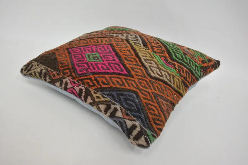 Handmade Kilim Cushion, Cushion Case, Vintage Kilim Throw Pillow, Pillow for Sofa, 14x14 Orange Cushion Case, Rustic Pillow Sham - 6