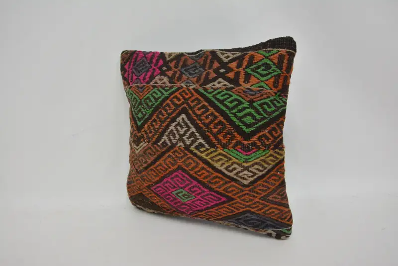 Handmade Kilim Cushion, Cushion Case, Vintage Kilim Throw Pillow, Pillow for Sofa, 14x14 Orange Cushion Case, Rustic Pillow Sham - 4