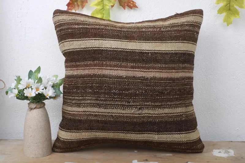 Cushion, 16x16 Brown Pillow Case, Handwoven Pillow Cover Pillow, Vintage Kilim Throw Pillow, Turkish Kilim Pillow, Boho Pillow Sham Cover - 2