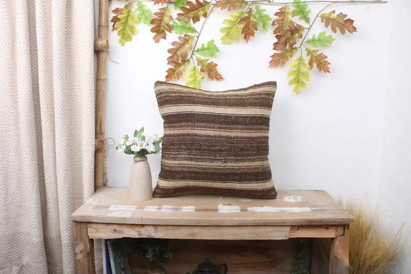 Cushion, 16x16 Brown Pillow Case, Handwoven Pillow Cover Pillow, Vintage Kilim Throw Pillow, Turkish Kilim Pillow, Boho Pillow Sham Cover - 1