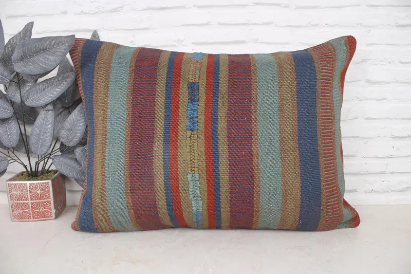 Vintage Kilim Throw Pillow, Pillow for Sofa, 20x28 Blue Pillow Cover, Home Decor Pillow, Cushion, Morroccon Kilim Cushion Pillow - 1