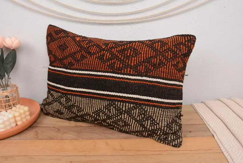 Orange & Brown Geometric Embroidered Pillow, 16x24 Inches Size - 4