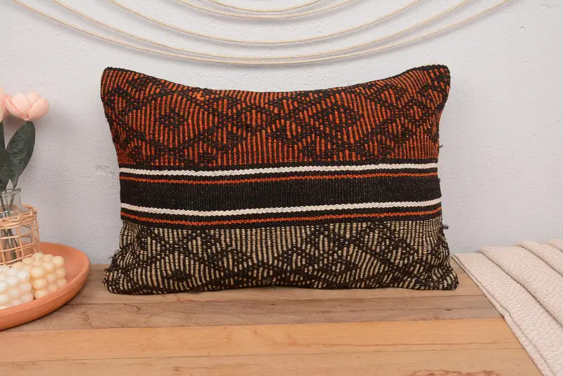 Orange & Brown Geometric Embroidered Pillow, 16x24 Inches Size - 2