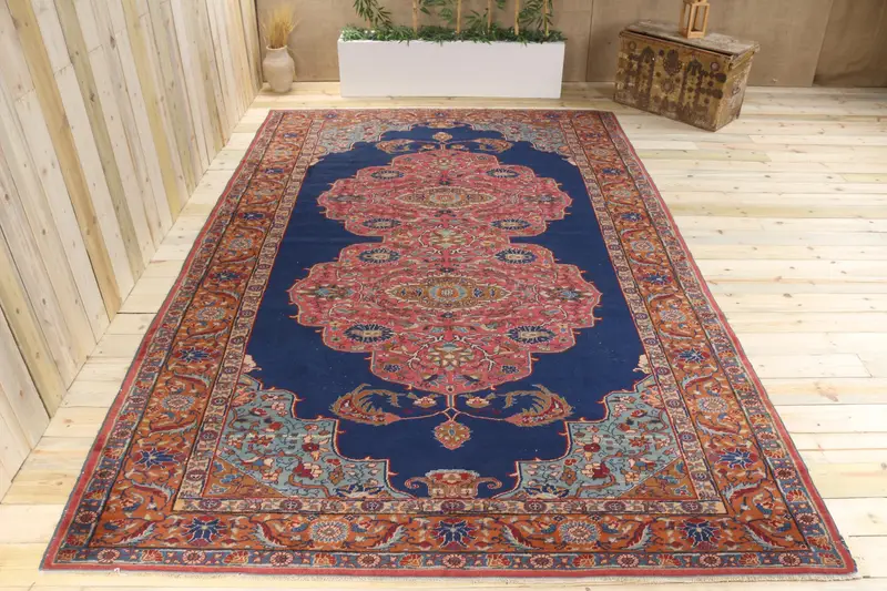 Handmade Blue Rug with Floral & Geometric Patterns, 6.5x12 ft