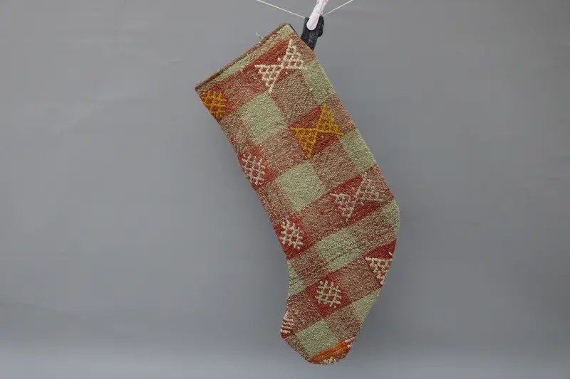 Brown Christmas Stocking with Green Ornaments, Festive Holiday Stocking
