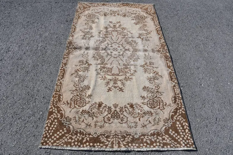 Türk Vintage Oushak Halı 3,7x6,9 ft (113x211 cm), Kahverengi Yün Halı - 1