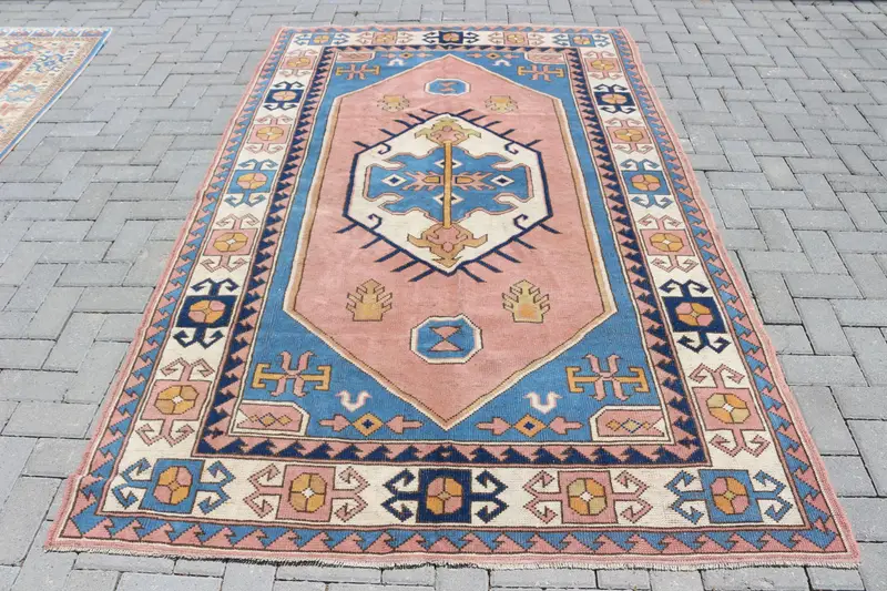 Alfombra turca grande de 5,2x8,2 pies, alfombra vintage de lana del suroeste azul Oushak - 1