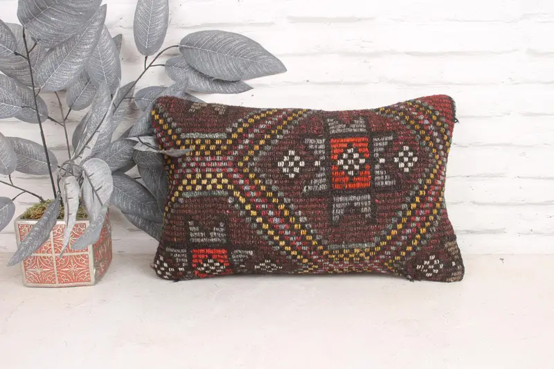 Cushion, Ethnical Kilim Rug Pillow, Handmade Throw Pillow, 12x20 Red Pillow Case, Vintage Pillow Cover, Turkish Pillow, Turkish Kilim Pillow - 1