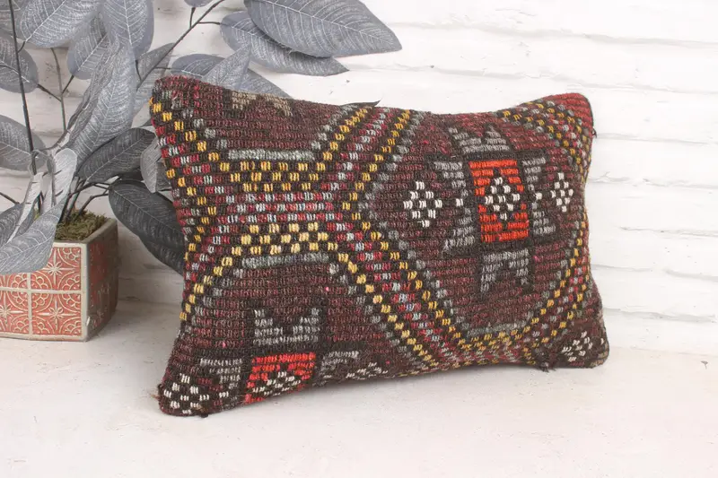 Cushion, Ethnical Kilim Rug Pillow, Handmade Throw Pillow, 12x20 Red Pillow Case, Vintage Pillow Cover, Turkish Pillow, Turkish Kilim Pillow - 3