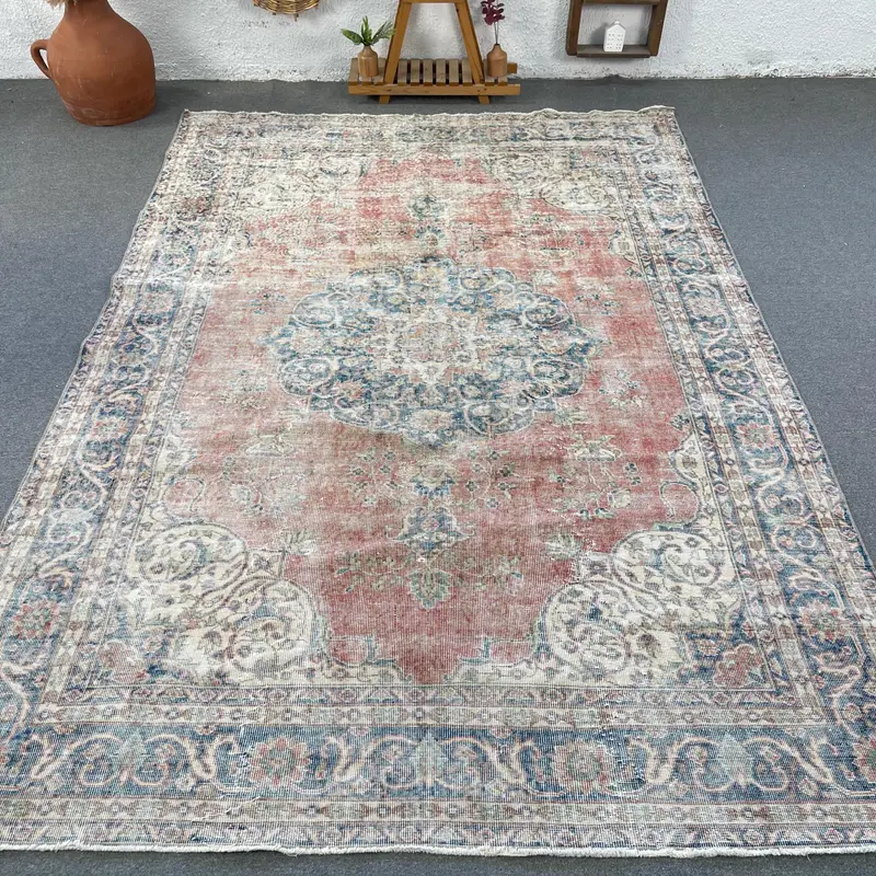 Alfombra oriental roja y azul, decoración elegante de 7x10 pies