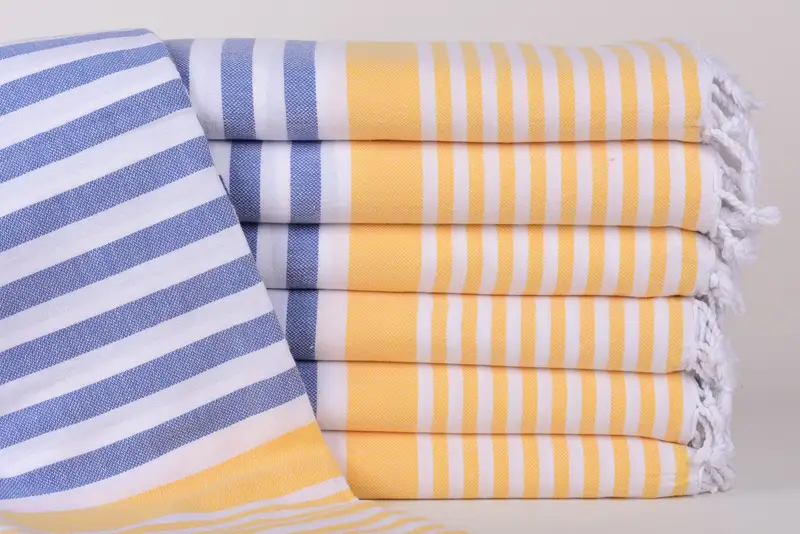 Beach Towel Monogrammed Turkish Organic Cotton Mustard-Navy Stripes, 67x36 Inches