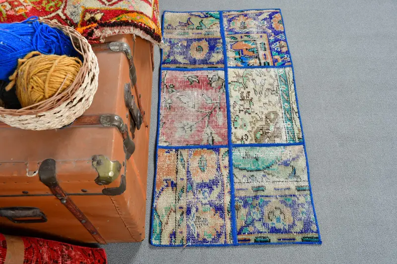 1.6x3.3 ft Halı, Türk Vintage Halısı, Mavi Soyut Yün Halı - 1