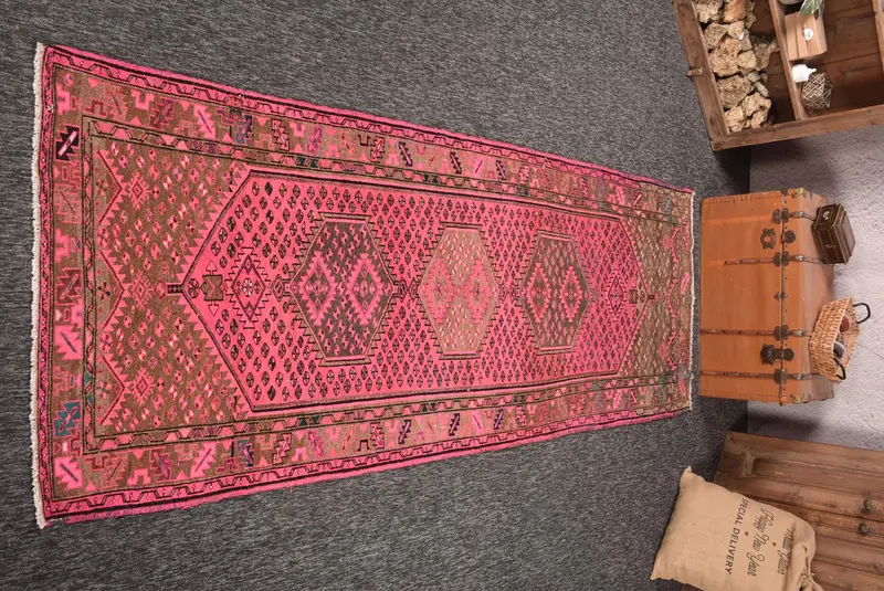 Vintage Turkish Rug 3.6x10.2 ft (109x310 cm), Herki Pink Wool Rug - 1