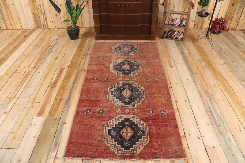3.2x6.6 ft Türk Halısı, Vintage Accent Halı, Kırmızı Mavi İkat Halı - 1