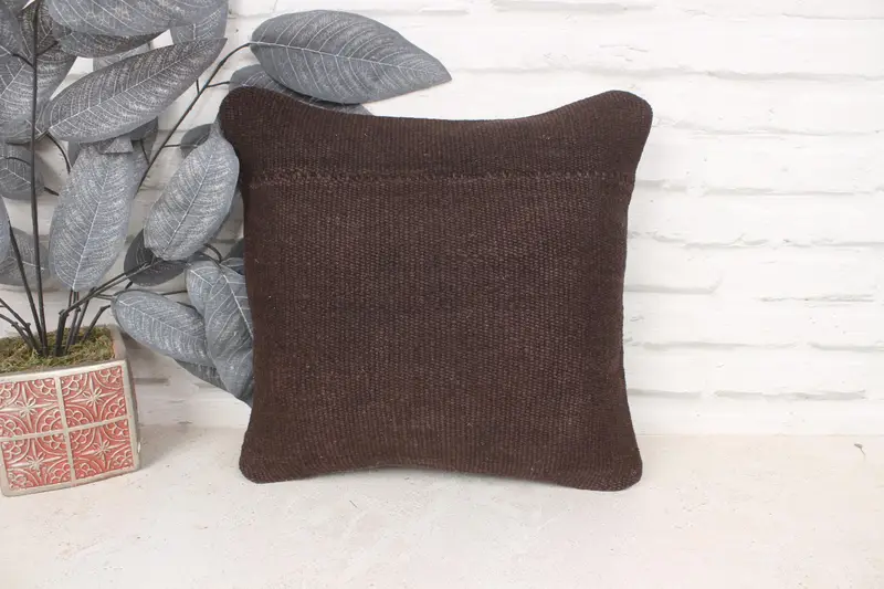 Throw Kilim Pillow, Traditional Pillow Cover, 14x14 Brown Cushion Cover, Turkish Pillow, Yoga Pillow Case, Pillow Cover, Vintage Kilim Pillow - 1