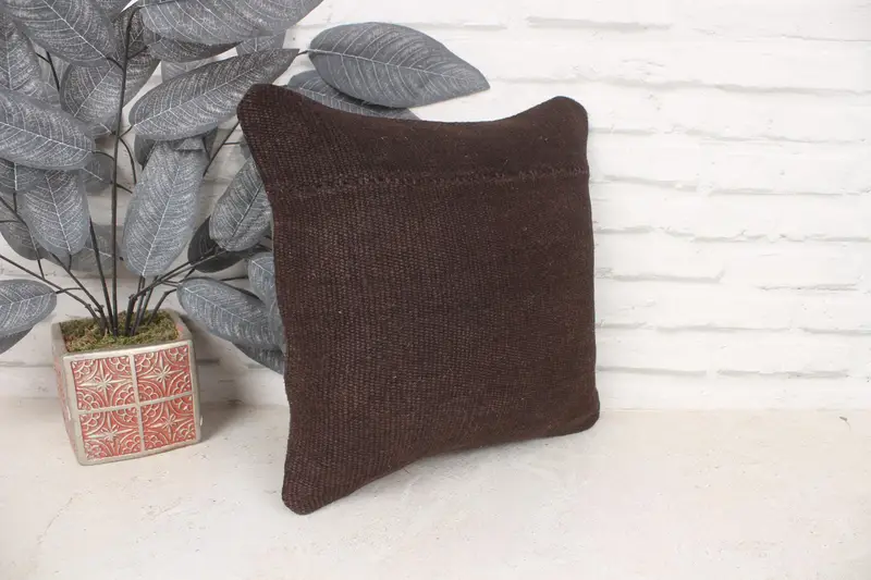 Throw Kilim Pillow, Traditional Pillow Cover, 14x14 Brown Cushion Cover, Turkish Pillow, Yoga Pillow Case, Pillow Cover, Vintage Kilim Pillow - 3