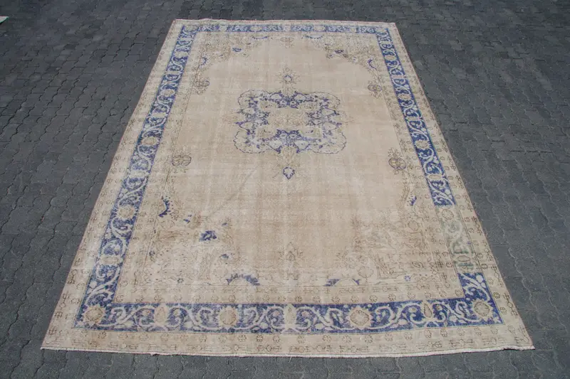 Turkish 7.7x11.5 ft Rug, Oversize Vintage Rug, Blue White Solid Wool Rug - 1