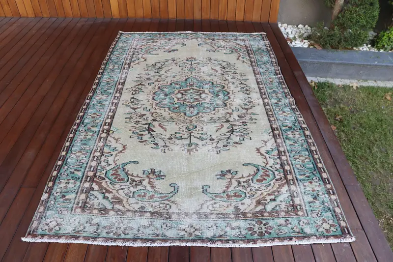 Vintage Türk Halısı, 5.1x7.8 ft Oushak Halı, Mavi Oryantal Yün Halı - 1