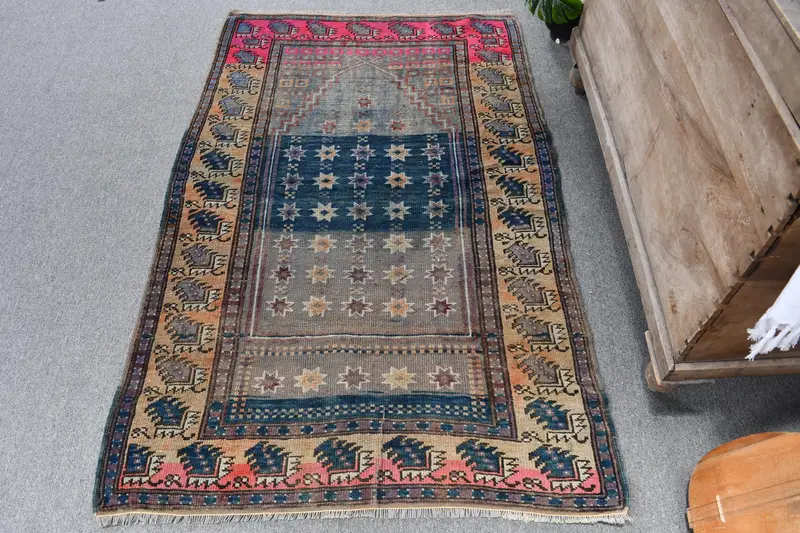 ハンドメイド ブルー & オレンジ ラグ、0.3x0.4 フィート水玉模様