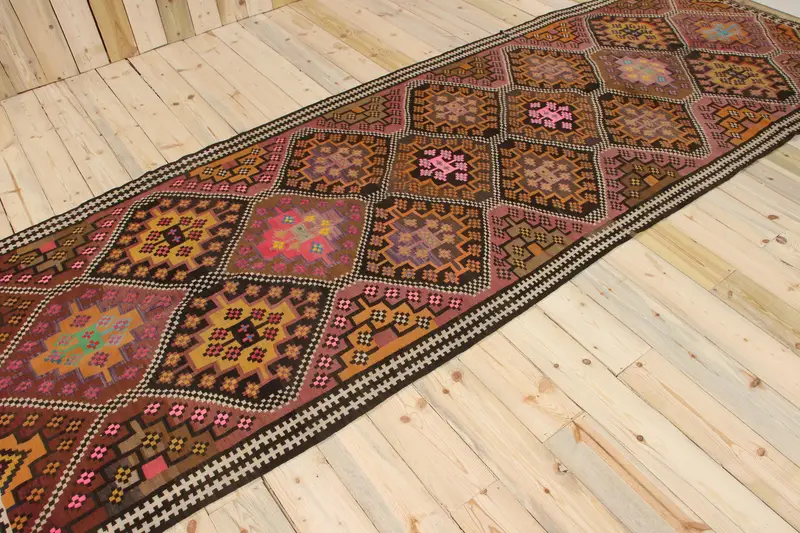 4.1x12.1 ft Halı, Vintage Oushak Halı, Türk Kahverengi Yün Hayvan Baskı Halı - 1