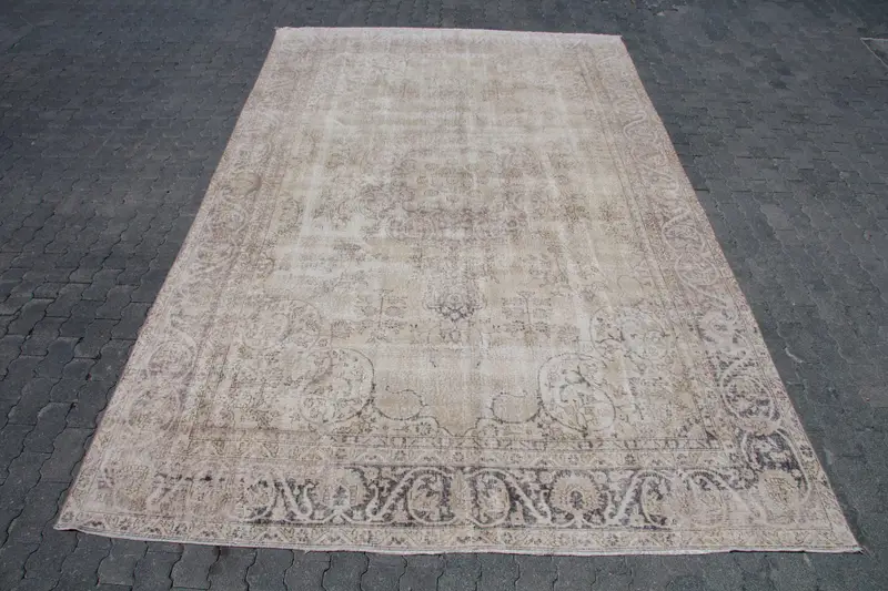 Türk Vintage Halı, 8x12.7 ft Oushak Halı, Gri Kahverengi Puantiyeli Halı - 1