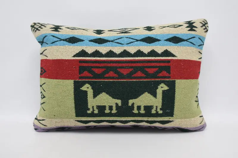 Vintage Pillow, Retro Throw Pillow, Ethnical Kilim Rug Pillow, Pillow Case, 16x24 Green Pillow, Kilim Cushion Sham, Patio Pillow - 1