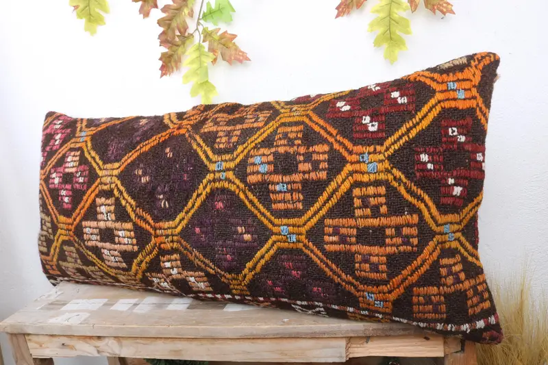 Patio Cushion, Seat Pillow, 16x36 Orange Cushion, Pillow Case, Turkish Kilim Pillow, Turkish Pillow, Authentic Cushion Cover, Boho Pillow - 4
