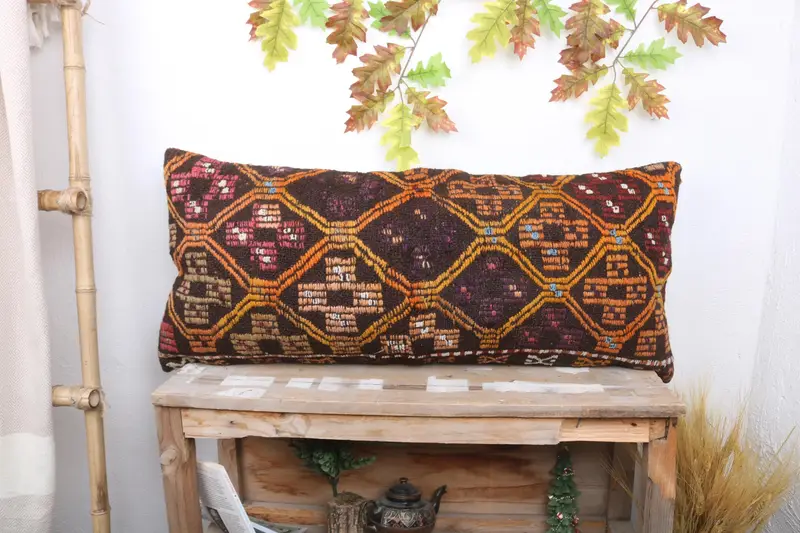 Patio Cushion, Seat Pillow, 16x36 Orange Cushion, Pillow Case, Turkish Kilim Pillow, Turkish Pillow, Authentic Cushion Cover, Boho Pillow - 1