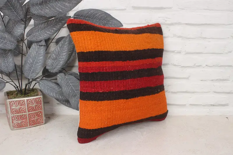Kilim Pillow, Decorative Throw Cushion, Pillow for Sofa, Gift Pillow, 14x14 Orange Pillow Sham, Cushion Cover, Neutral Pillow Case - 3