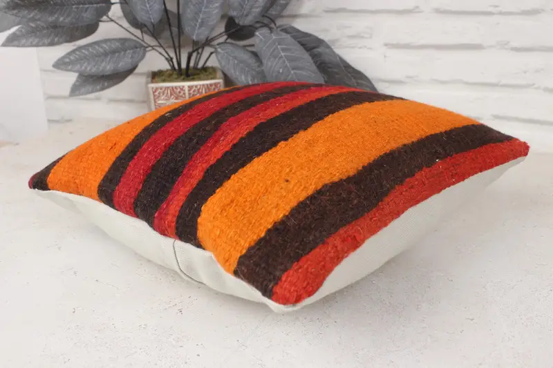 Kilim Pillow, Decorative Throw Cushion, Pillow for Sofa, Gift Pillow, 14x14 Orange Pillow Sham, Cushion Cover, Neutral Pillow Case - 6