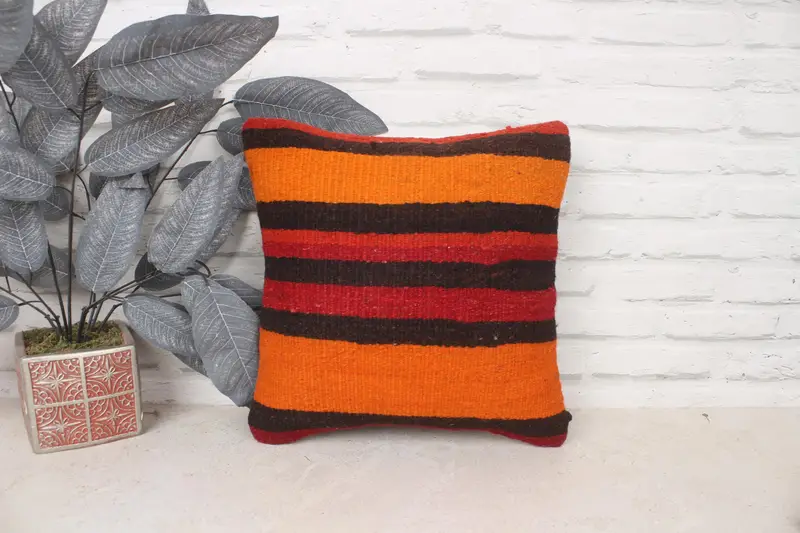 Kilim Pillow, Decorative Throw Cushion, Pillow for Sofa, Gift Pillow, 14x14 Orange Pillow Sham, Cushion Cover, Neutral Pillow Case - 1
