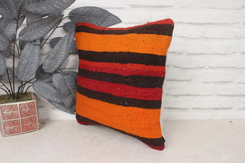 Kilim Pillow, Decorative Throw Cushion, Pillow for Sofa, Gift Pillow, 14x14 Orange Pillow Sham, Cushion Cover, Neutral Pillow Case - 4