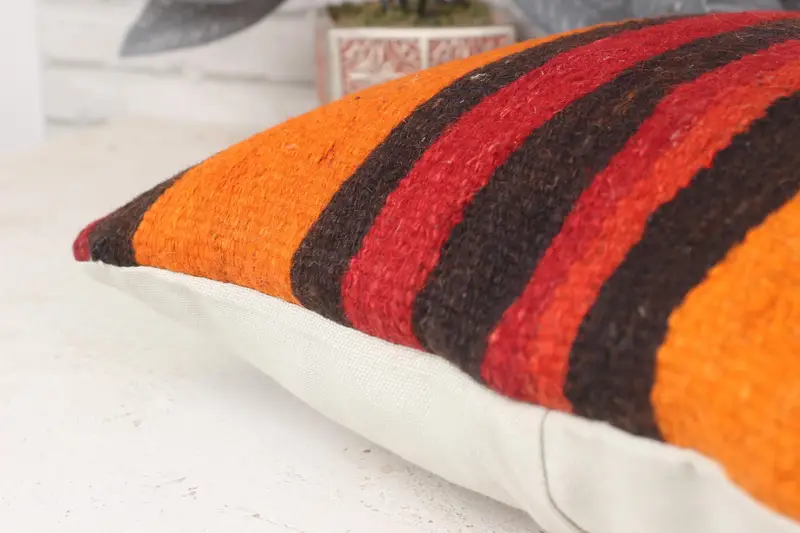 Kilim Pillow, Decorative Throw Cushion, Pillow for Sofa, Gift Pillow, 14x14 Orange Pillow Sham, Cushion Cover, Neutral Pillow Case - 7