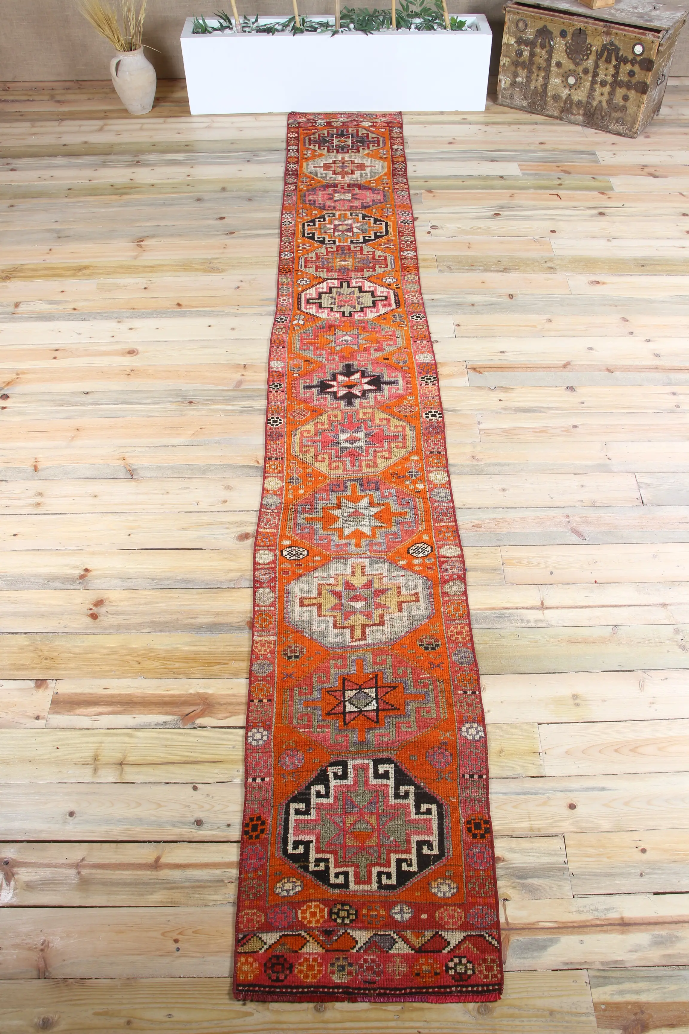 Vintage Runner Rug 1.8x13.8 ft (55x420 cm), Herki Orange Geometric Turkish Rug - 1