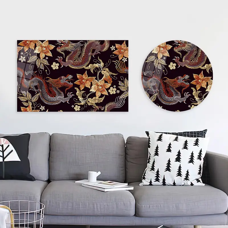 エレガントな神話ドラゴンキャンバス：和柄と花の融合